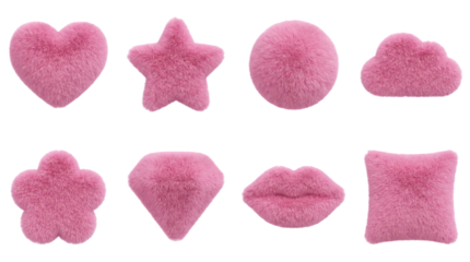 Pink fuzzy shape set including heart, star, cloud, ball, flower, diamond, lips, and pillow isolated. Plush elements for romantic and whimsical design.
