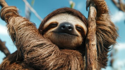 Fototapeta premium A delightful close-up of a happy sloth, comfortably hanging on a tree branch with a blissful expression, embodying the essence of relaxation in its natural habitat.