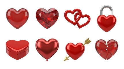Red heart set including crystal, gemstone, padlock, balloon, and broken glass variants isolated. Romantic valentine and love collection.