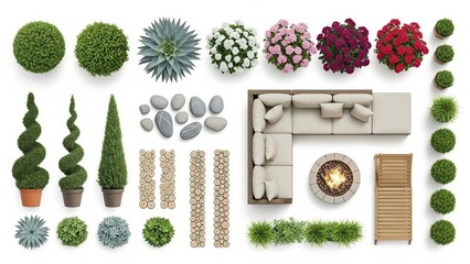 Fototapeta premium Top View Garden Furniture with Plants and Fire Pit on White Background