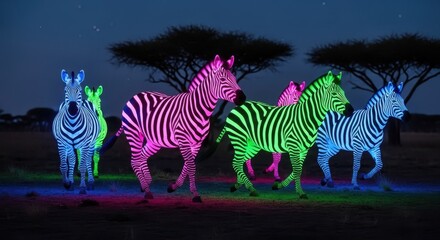 Fototapeta premium Group of striped equids illuminate the dark savanna night with vibrant neon colors
