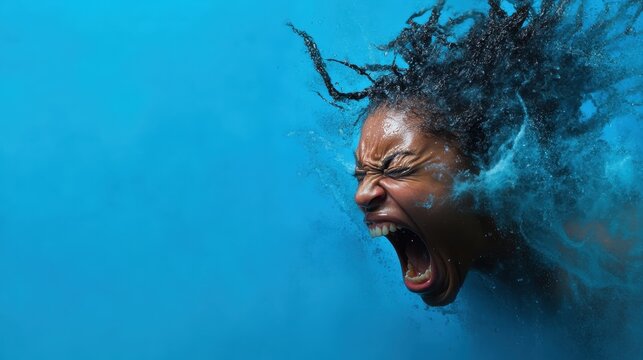 This image captures the raw emotion of a woman screaming underwater, with her hair flowing wildly, showcasing a powerful blend of human expression and elemental chaos.