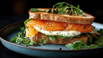 A delicious salmon sandwich layered with fresh greens and herbs presents a perfect combination of flavors, appealing to both culinary enthusiasts and healthy eaters alike.