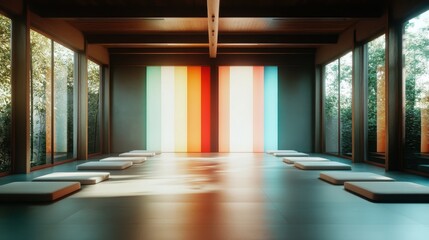 A tranquil meditation space featuring minimalist design elements, enhancing calmness and reflection with vibrant colored walls and natural light incorporating zen atmosphere.