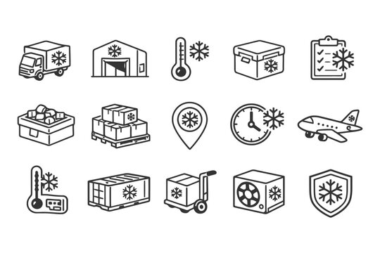 Cold chain logistics icons featuring transport, storage, and delivery elements.