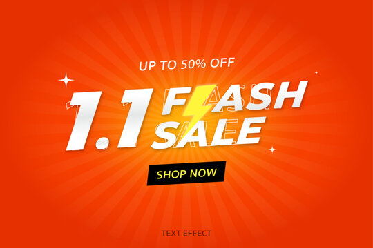 Bright and eye-catching flash sale vector banner design featuring a bold &ldquo;1.1 Flash Sale&rdquo; text with a lightning bolt icon. The background uses an energetic orange sunburst radial pattern