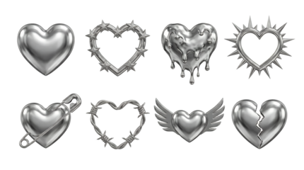 Metallic silver heart set including spiked, barbed, winged, melted, and broken styles isolated. Y2k aesthetic chrome jewelry and collection.