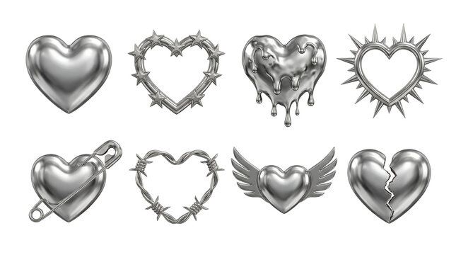 Metallic silver heart set including spiked, barbed, winged, melted, and broken styles isolated. Y2k aesthetic chrome jewelry and collection.