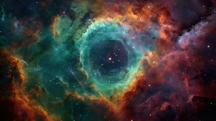 Obraz premium Colorful cosmic nebula with geometric overlay