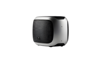 Modern silver and black wireless smart speaker or subwoofer audio equipment product shot isolated PNG with Transparent Background