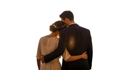 Young romantic wedding couple embracing together celebrating marriage and unity. isolated PNG with Transparent Background