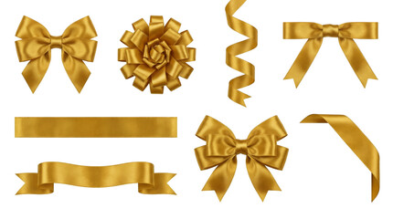 Gold satin ribbon set including bows, curled streamers, banners, and corner borders isolated. Decorative gift wrap and celebration design elements.
