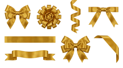Gold satin ribbon set including bows, curled streamers, banners, and corner borders isolated. Decorative gift wrap and celebration design elements.