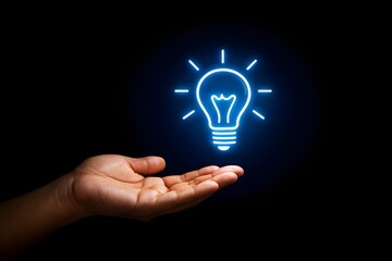 Innovation concept. Person holding brain light bulb on virtual screen icon for creative idea.