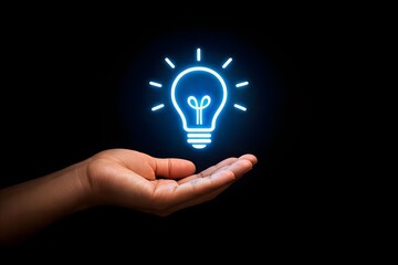 Innovation concept. Person holding brain light bulb on virtual screen icon for creative idea.