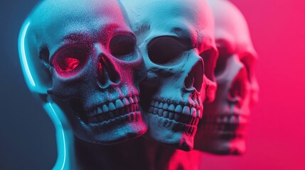 Three stylish skulls glow under neon lighting, artistically showcasing the juxtaposition of life and death, while adding a vibrant aesthetic to modern artistic expression.