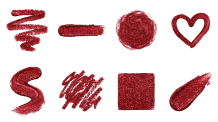 Red glitter cosmetic smear set including strokes, heart shape, circle, and square textures isolated. Makeup and beauty design elements.