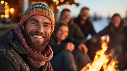 Obraz premium A cheerful gathering of friends around a warm campfire, smiling and enjoying each other's company in a picturesque winter landscape illuminated by fairy lights.