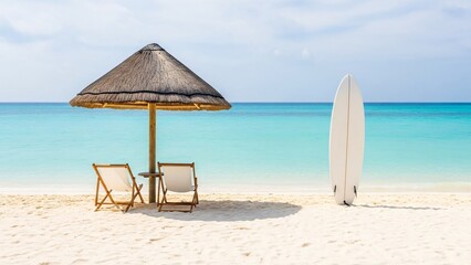 Beach scene with umbrella chairs and surfboard under clear sky