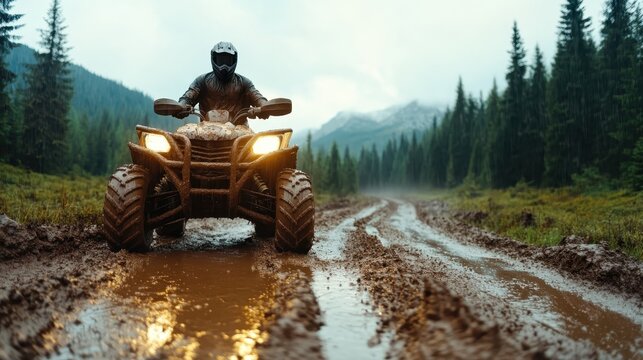 A person rides an ATV through muddy trails surrounded by dense forests and mountains, encapsulating the thrill and rugged beauty of off-road adventures in nature.