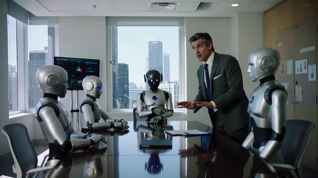 Corporate executive briefing robotic team in high-rise office. Caucasian male manager conducting strategy session with humanoid artificial intelligence entities.