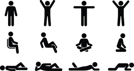 lack And White Vector Icon Set Of People Silhouettes Featuring Stick Figures In Various Poses Including Standing Sitting Lying Down And Meditating For Social Design © Mahmud's World