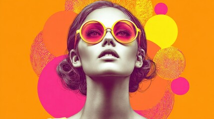 Fototapeta premium Stylish woman in sunglasses with an orange and pink abstract background