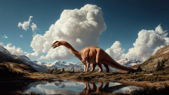 A towering dinosaur gracefully traversing a vibrant landscape, with lush greenery and dramatic mountains, depicting a lost era filled with ancient giants and natural beauty.