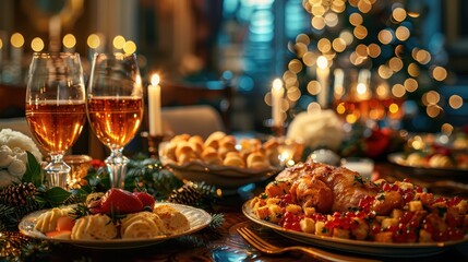 Fototapeta premium A beautifully decorated festive dinner table set for a celebration, complete with candles, gourmet food, and twinkling lights, capturing the warm spirit of togetherness during holidays.