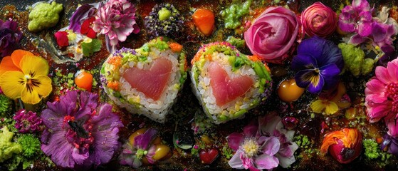 Heart-Shaped Sushi Rolls Surrounded by Vibrant Edible Flowers, Artistic Fusion Japanese Cuisine Composition