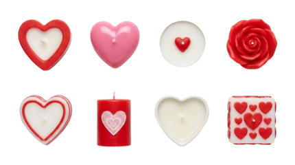 Valentine candle set including red, pink, and white hearts, roses, and pillar shapes isolated. Romantic holiday decoration collection.