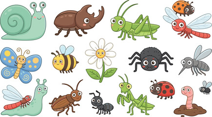 Cartoon insect icon set, colorful bug characters with smiling faces, educational species grid for kids - flat vector illustration © MST RAMANA
