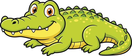 Obraz premium Cartoon crocodile character, friendly green reptile, smiling face, playful pose, children’s animal mascot, cute design - flat vector illustration