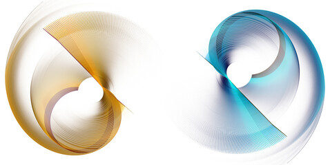 Yellow and light blue abstract propellers with curved and straight blades rotate on a white background. Set. Icon, logo, symbol, sign. 3D rendering. 3D illustration.