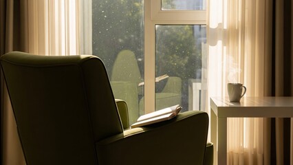 Fototapeta premium Cozy interior scene with armchair and sunlight streaming through window