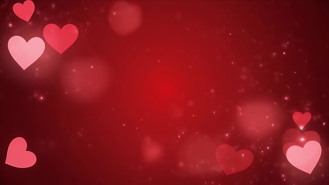 Romantic red background with floating hearts and sparkling lights