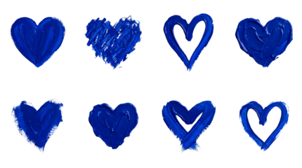 Blue paint heart set including solid, outline, scribbled, and textured brushstroke styles isolated. Romantic design element and artistic grunge symbol collection.