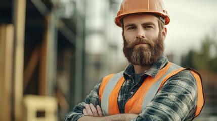 A man wearing an orange helmet and vest on a construction site embodies professionalism and workplace safety, creating a backdrop for advertising construction services or equipment.