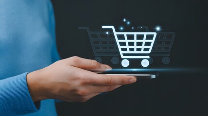 Online shopping concept. Online purchase, ecommerce store, online business, Business ecommerce. Person using smartphone with shopping cart on virtual screen