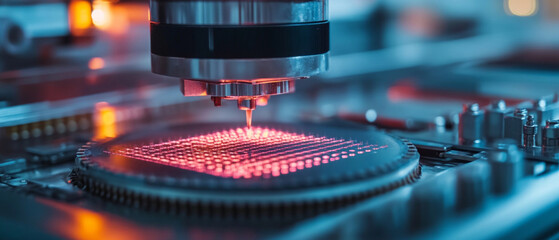 A laser machine that creates microchips is suitable as a background for illustrations of high technology and scientific achievements.