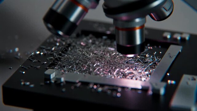 Magnet Moving Near Metal Filings Under Microscope Showing Magnetic Field
