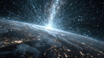 Glowing Earth seen from space with light beams