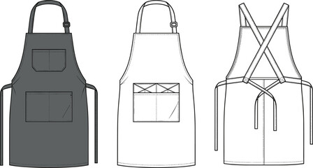 Vector technical flat sketch of professional aprons, bib style with adjustable neck strap, cross back design, utility pockets for chef, kitchen, and apparel design template.