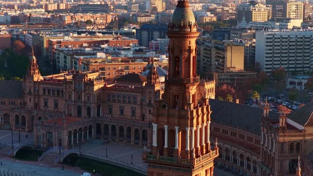 Plaza Espana in Seville aerial view, Spain, flying over the Plaza de Espana at sunrise in Seville and Maria Luisa park in the morning, tourism in Andalusia region