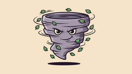 Cartoon Tornado Character with Angry Face and Swirling Leaves. © NFS Studio