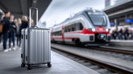 A travel bag stands on the platform while people move around and a train approaches for departure