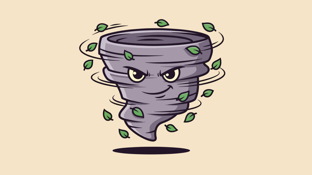 Cartoon Tornado Character with Angry Face and Swirling Leaves.