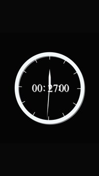 Analog Clock Face with Digital Time Display of 00:13:27 on Black Background vertical video. Analog clock with moving hands and digital readout of 01:60:00 creating a precise time visualization.