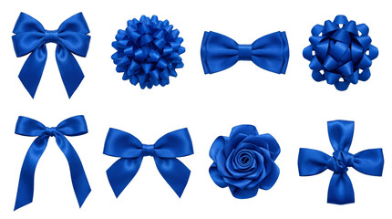 Blue satin ribbon set including bows, rosettes, pom poms, and knots isolated. Decorative elements for gift wrapping and celebration crafts.