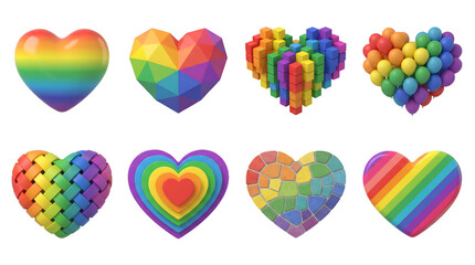 Colorful rainbow heart set including glossy, geometric, voxel, balloon, woven, and mosaic variants isolated. LGBTQ pride and love symbol collection.